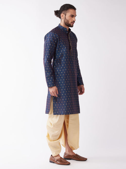 Vastramay Men's Blue Zari Weaved Kurta Dhoti Set